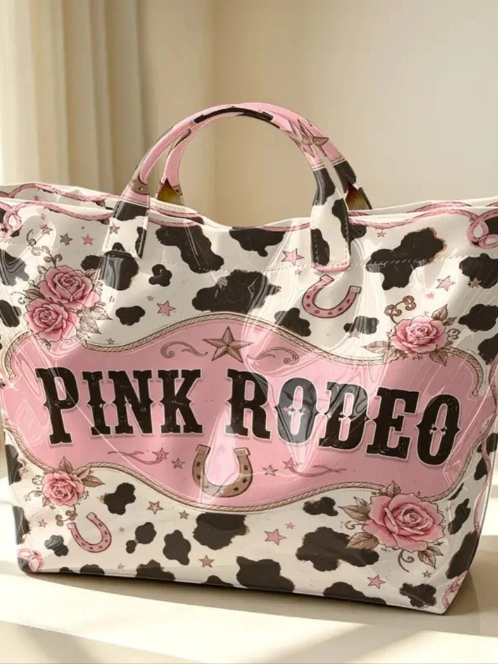 Women Westwrn Pink Cow Print Large PVC Daily Commute Bag